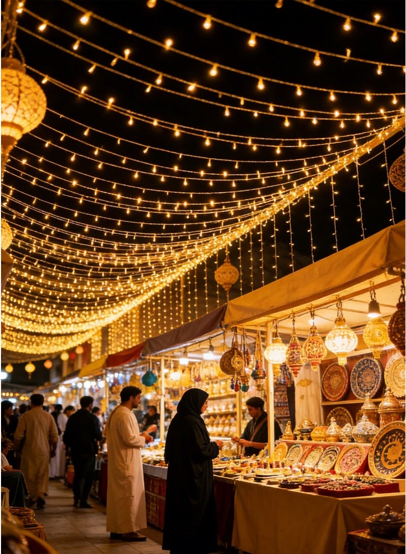 أضواء رمضانية LED، بطول 49 قدمًا، 150 لمبة LED، ضوء أبيض دافئ، تعمل بالبطارية، زينة رمضانية للحدائق، للأماكن الداخلية والخارجية، وللمناسبات المختلفة. - Image 1